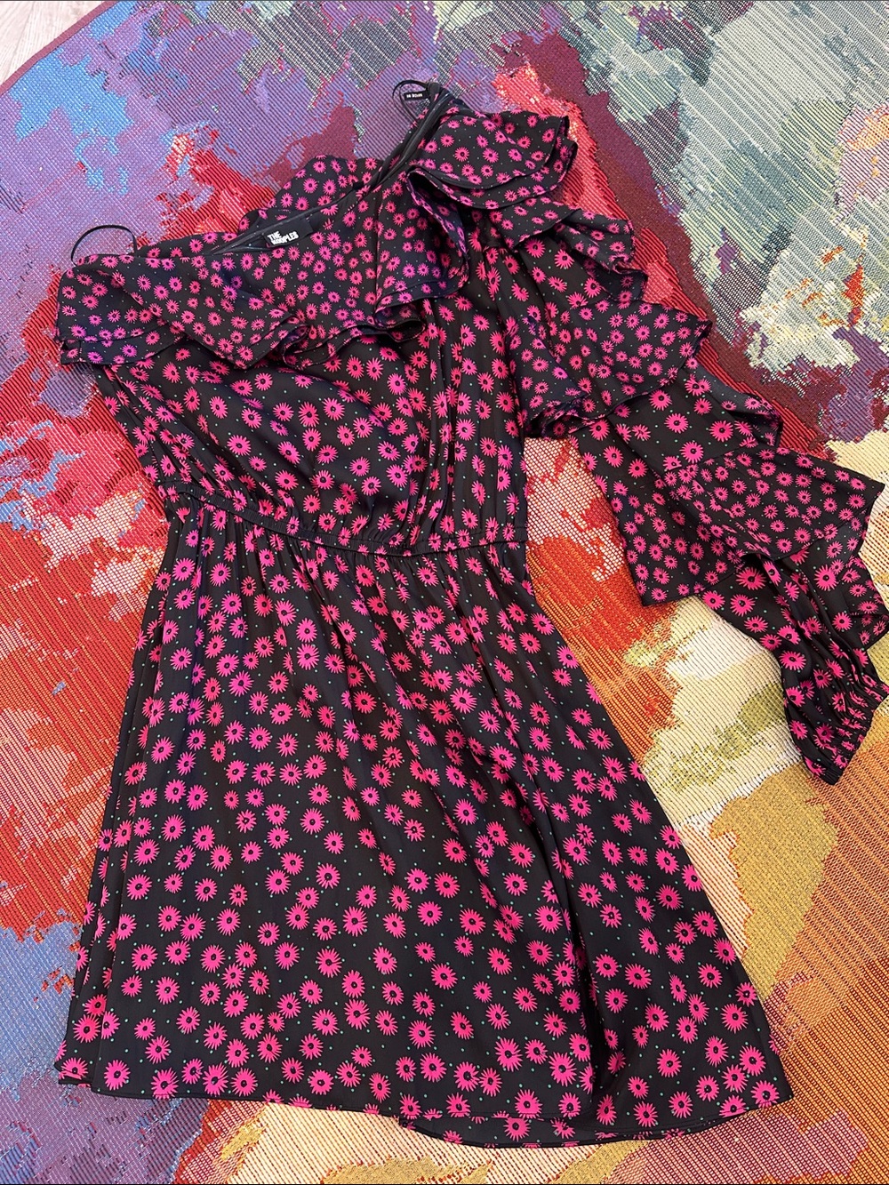 The Kooples Black One-Shoulder Dress with Fuchsia Floral Print